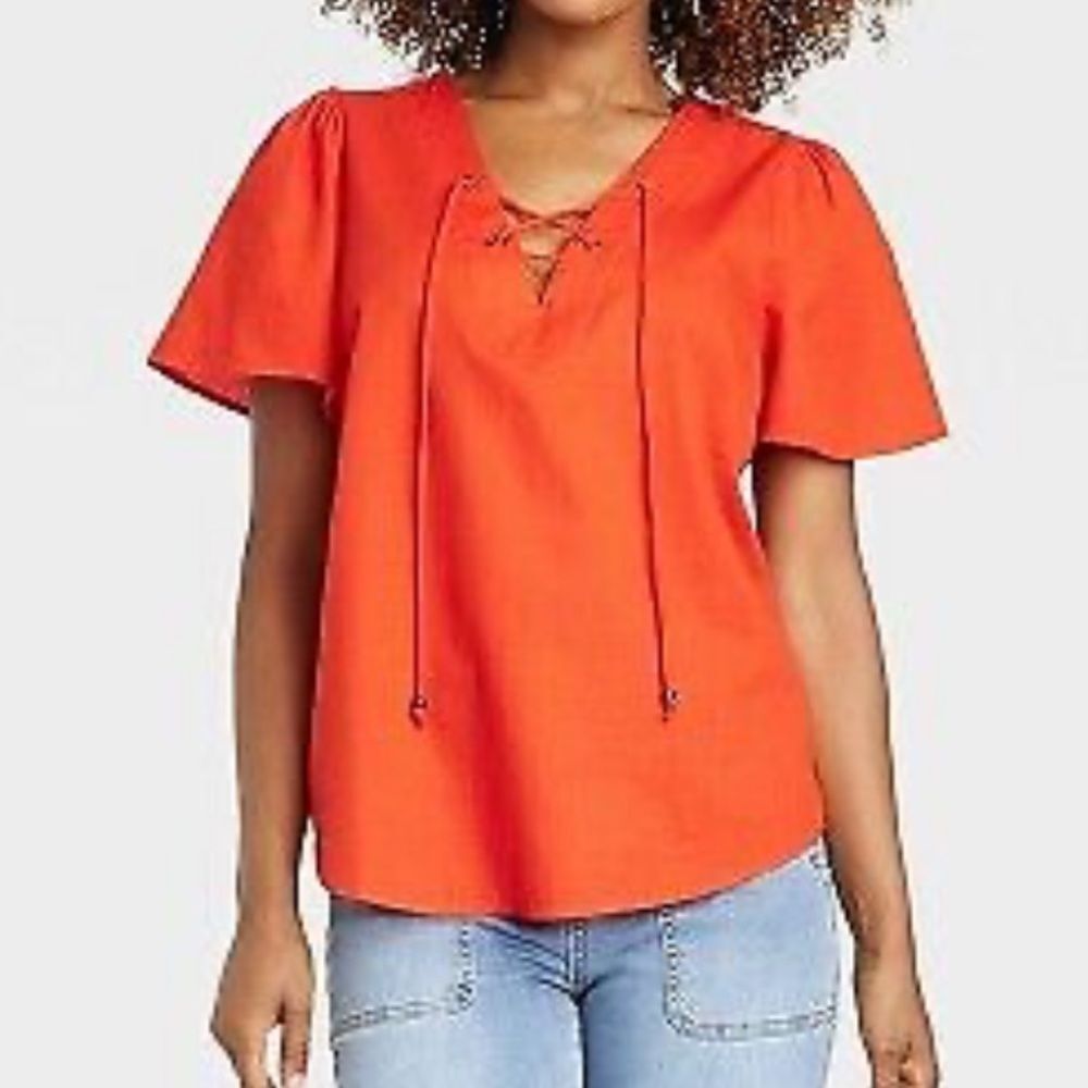 Knox Rose Womens Top Size S Red Orange Short Sleeve Lace Front
